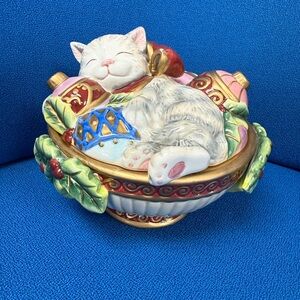 Fitz and Floyd Christmas Trinket/ Candy Dish with Lid Kitty Kristmas